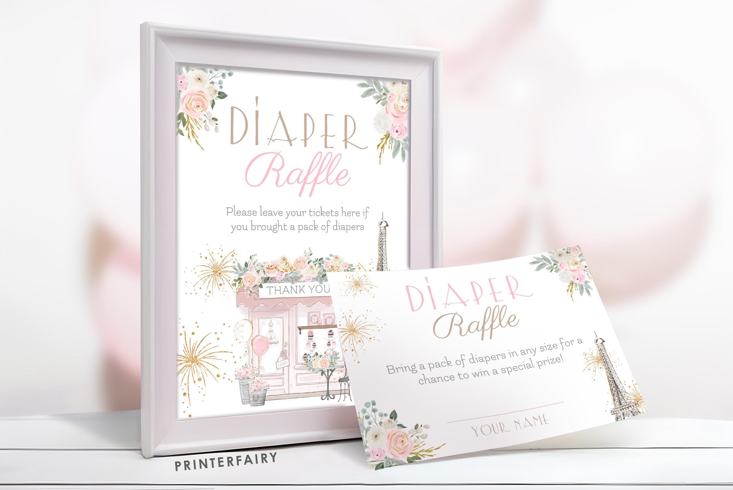 Paris Baby Shower Diaper Raffle Sign and Card Editable Templates, Instant Download