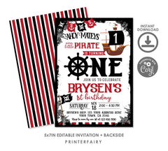Pirate 1st Birthday Invitation Editable Template Ahoy Matey Party Invite, Instant Download