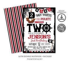 Pirate 2nd Birthday Invitation Editable Template Ahoy Matey Party Invite, Instant Download