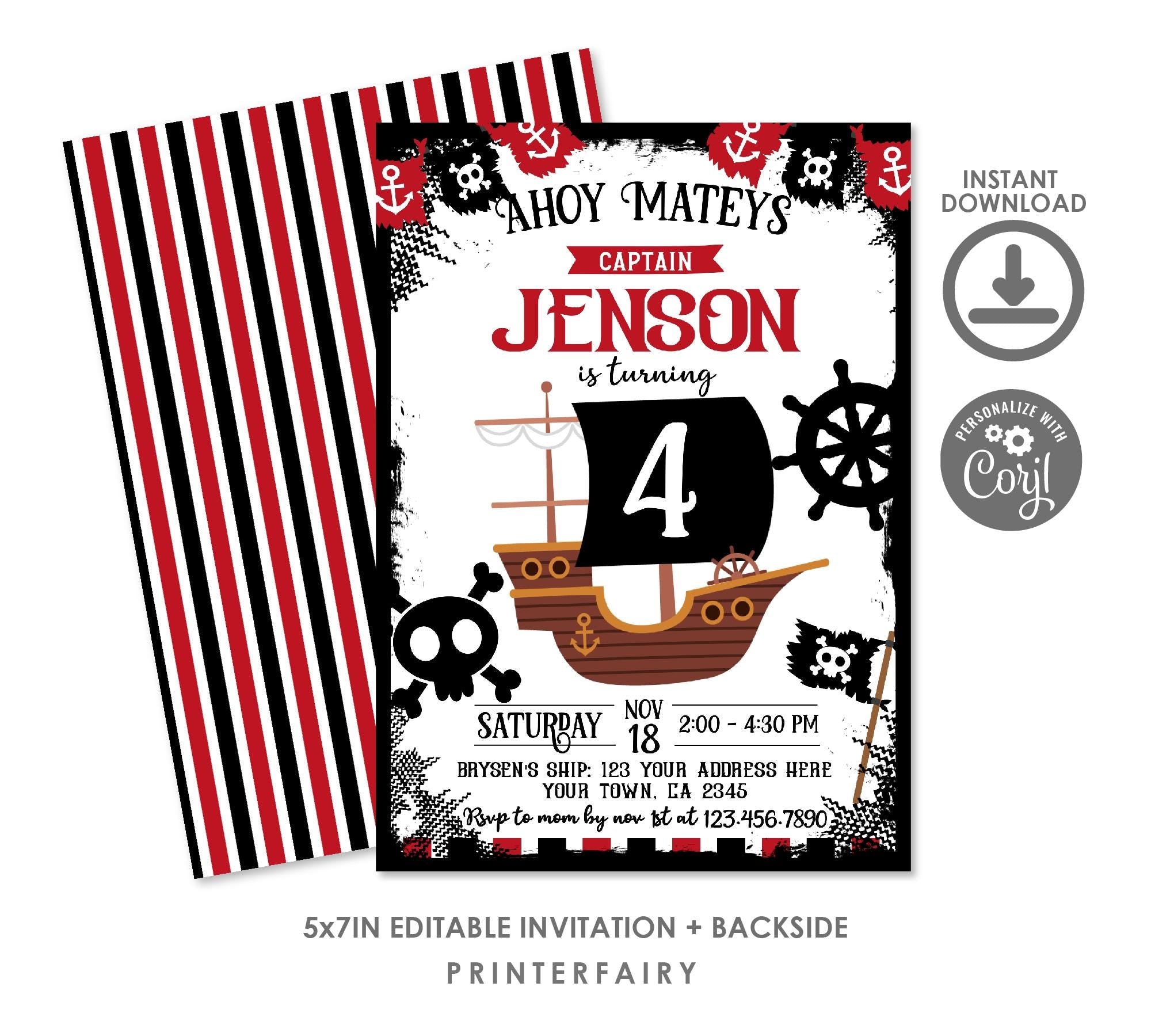 Pirate Birthday Invitation Editable Template, Instant Download