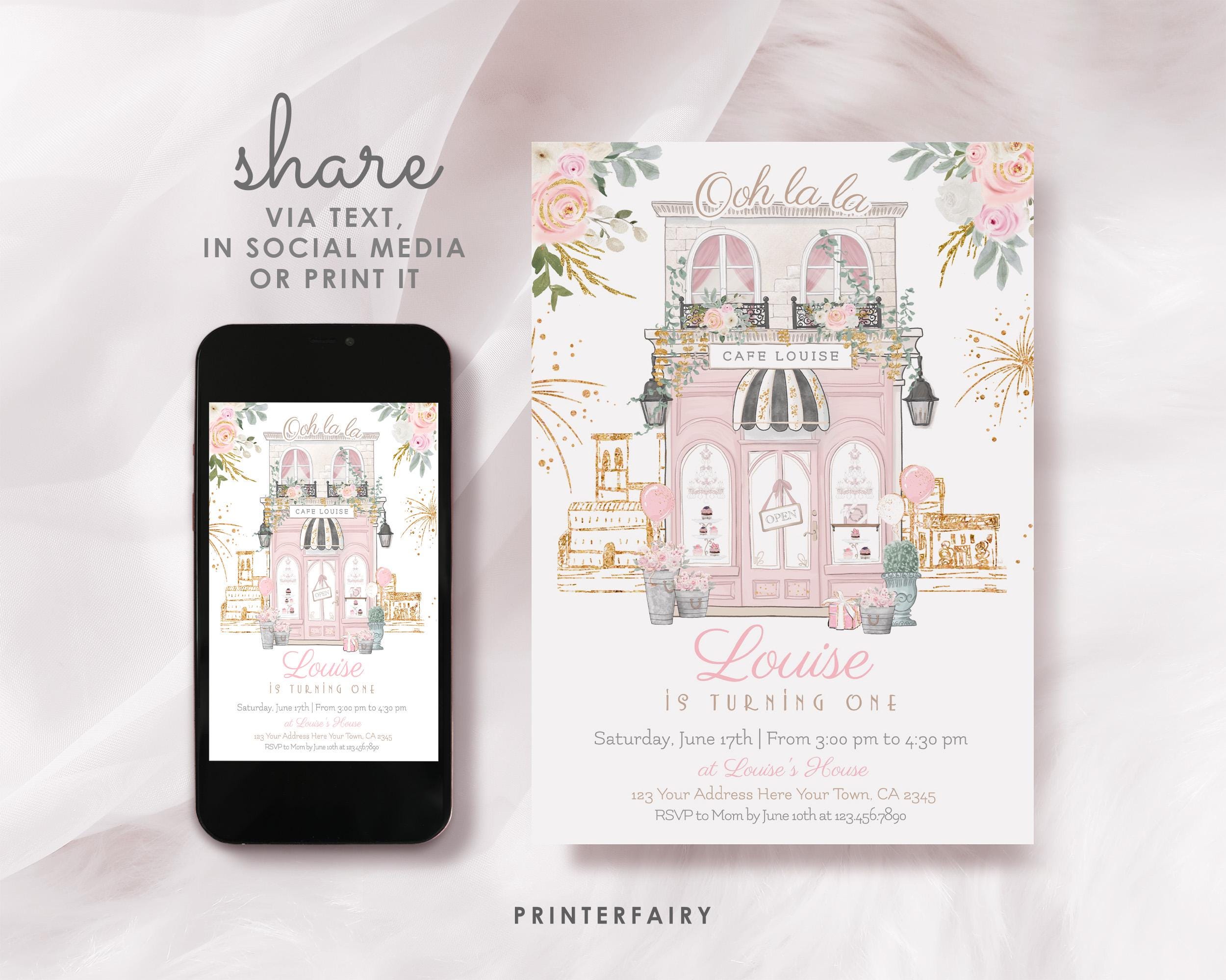 Paris 1st Birthday Invitation Editable Template Tea Party Brunch Invite, Instant Download