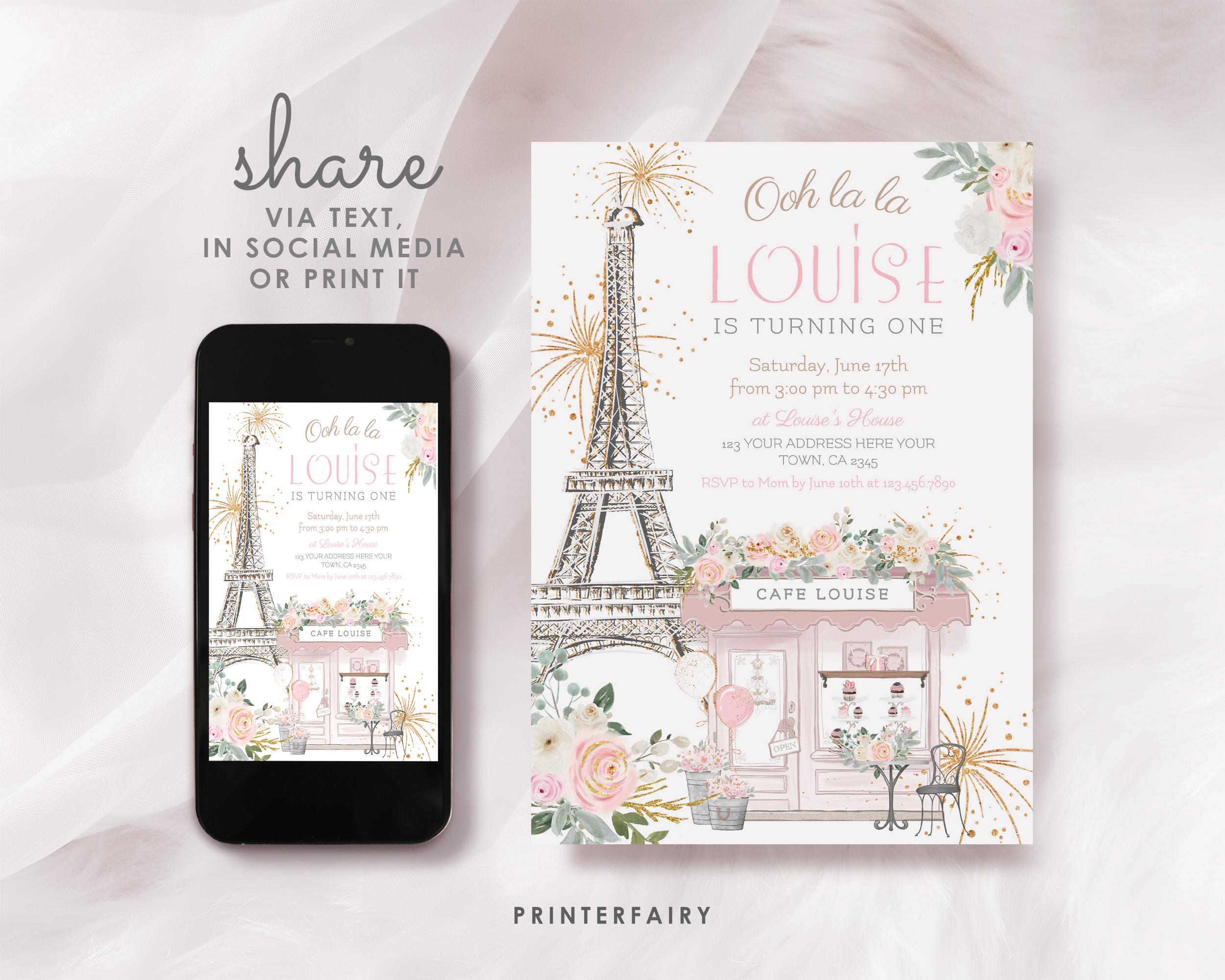Paris 1st Birthday Invitation Editable Template, Tea Party Invite, Instant Download