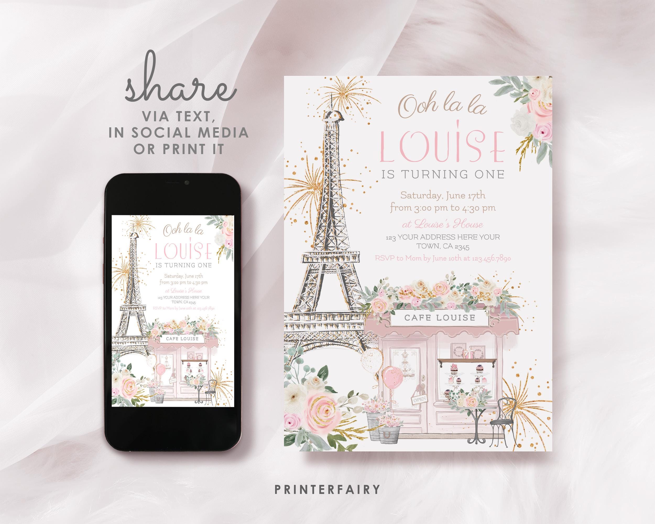 Paris 1st Birthday Invitation Editable Template, Tea Party Invite, Instant Download