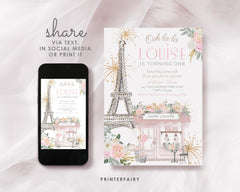 Paris 1st Birthday Invitation Editable Template, Tea Party Invite, Instant Download