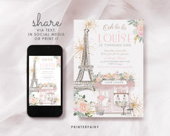 Paris 1st Birthday Invitation Editable Template, Tea Party Invite, Instant Download