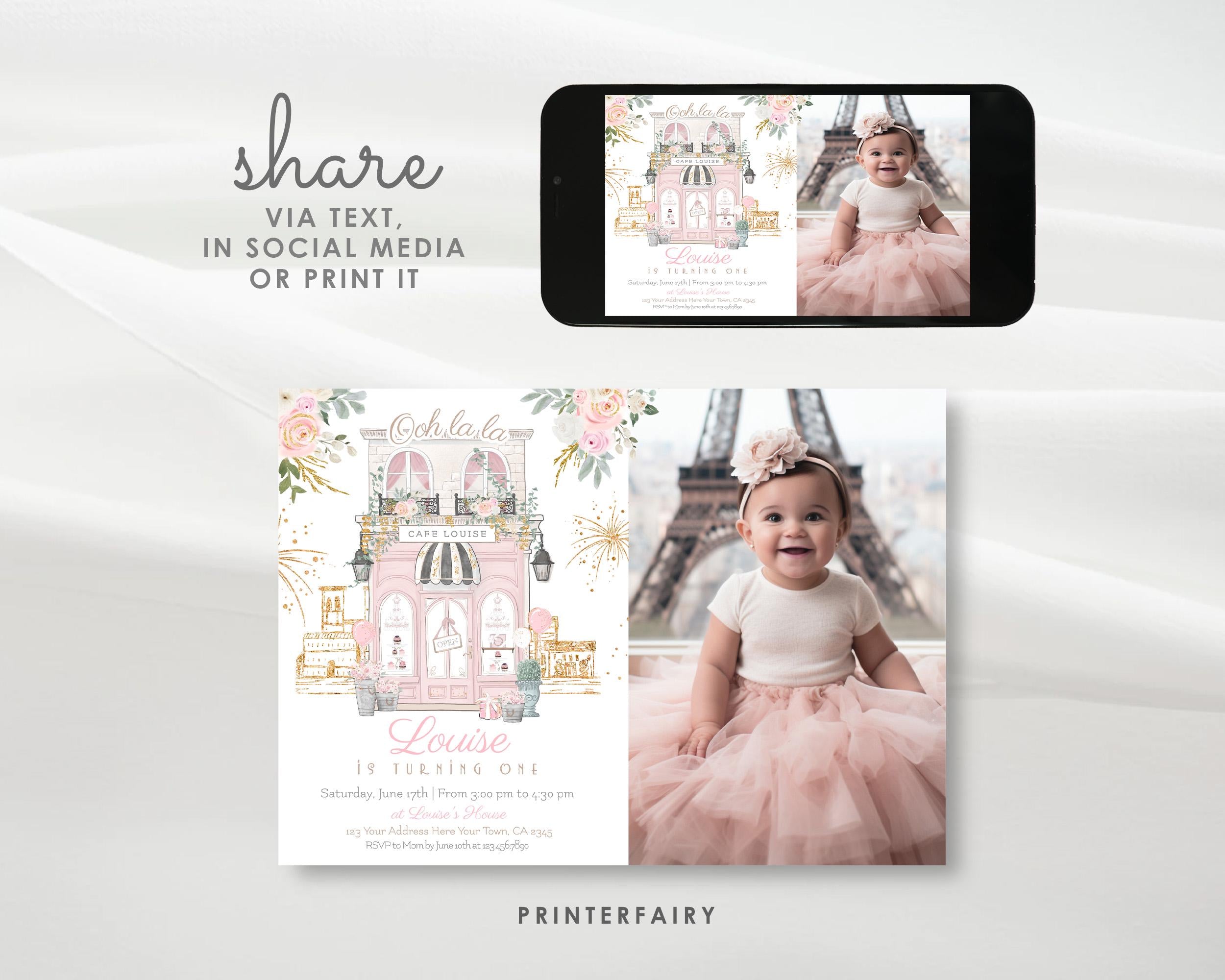 Paris 1st Birthday Invitation With Photo Editable Template Tea Party Brunch Invite, Instant Download