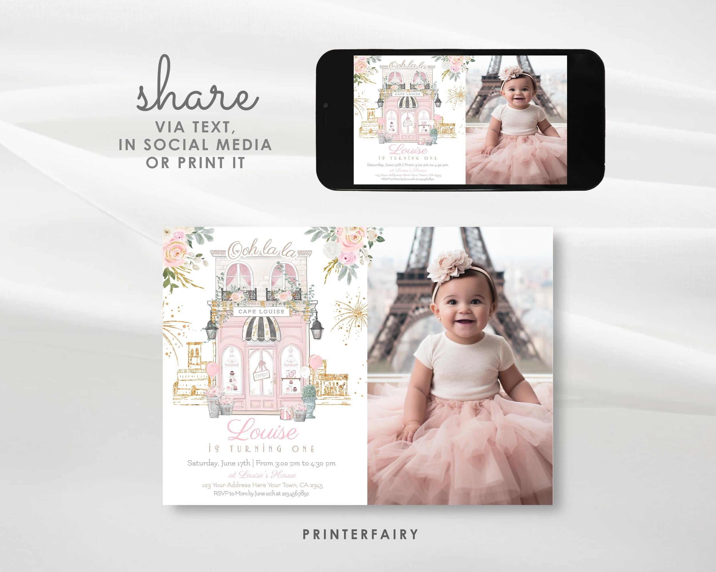 Paris 1st Birthday Invitation With Photo Editable Template Tea Party Brunch Invite, Instant Download