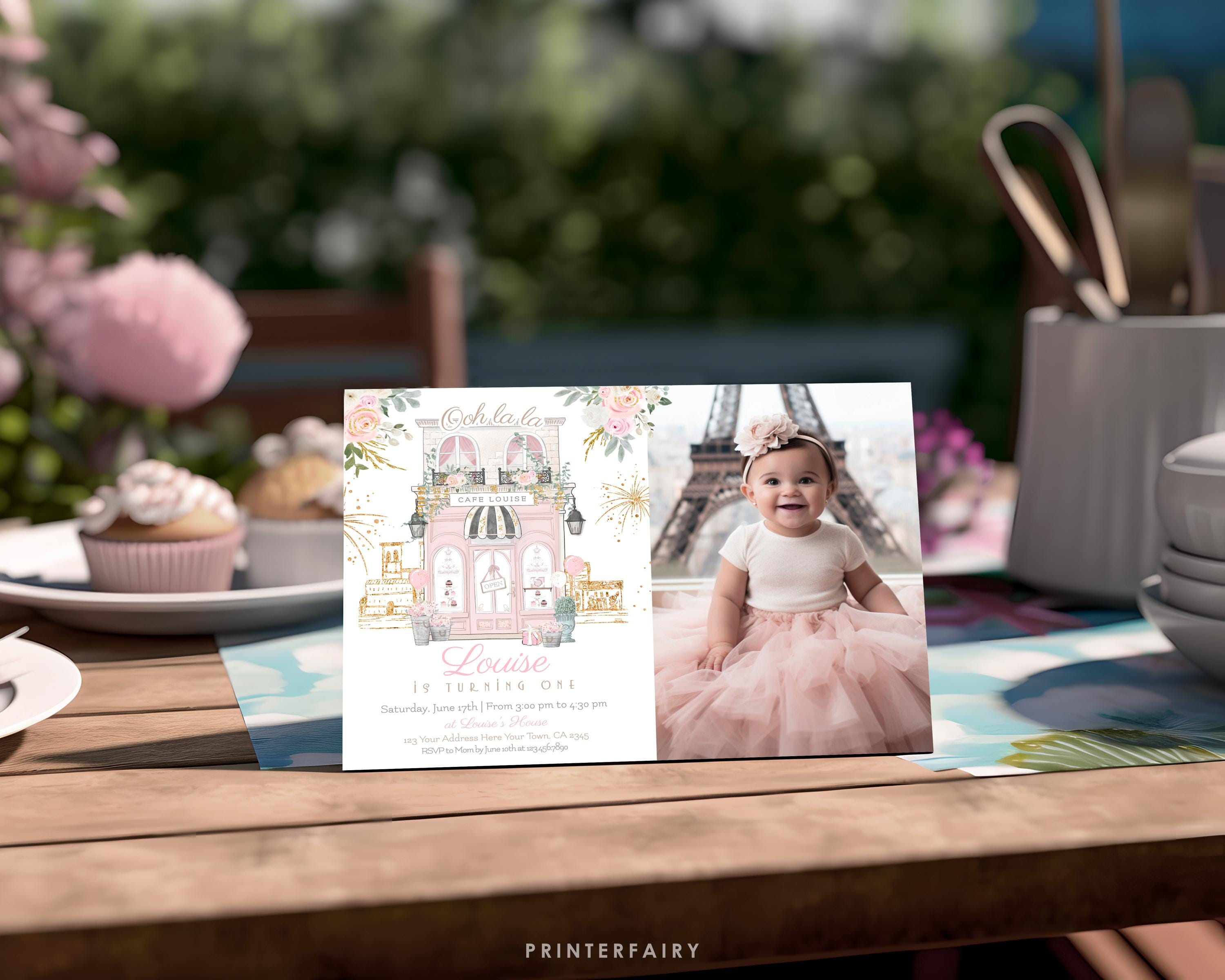 Paris 1st Birthday Invitation With Photo Editable Template Tea Party Brunch Invite, Instant Download