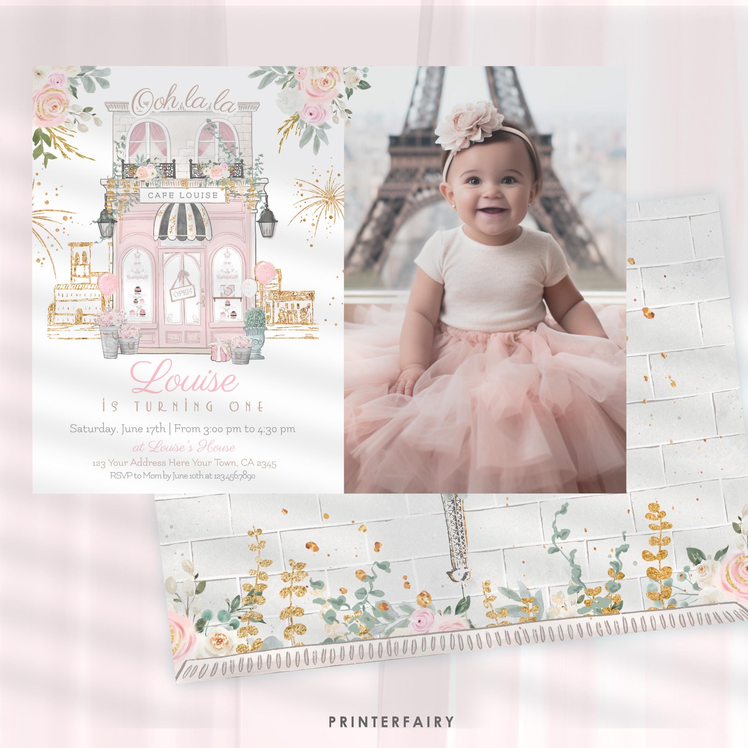 Paris 1st Birthday Invitation With Photo Editable Template Tea Party Brunch Invite, Instant Download