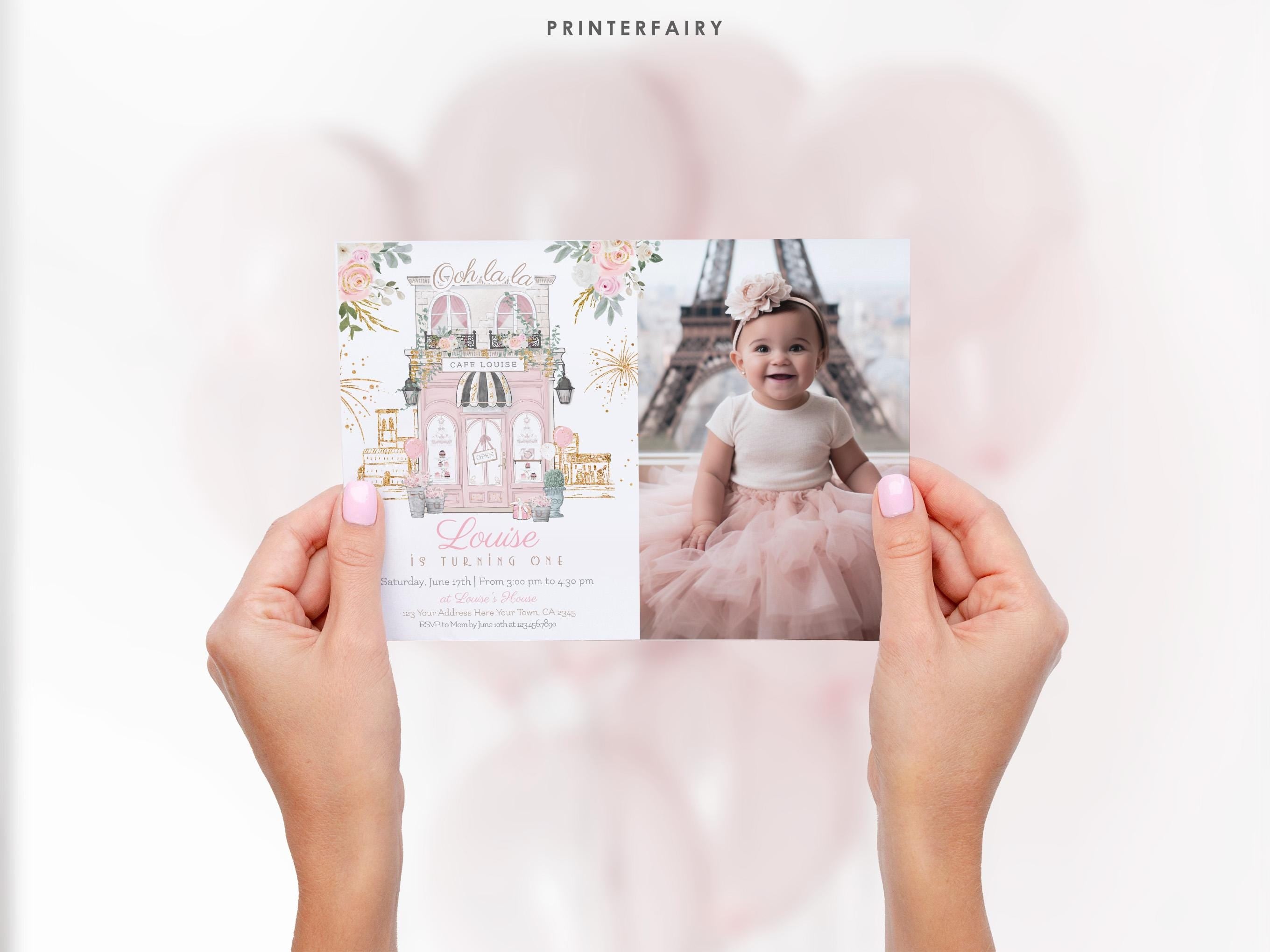 Paris 1st Birthday Invitation With Photo Editable Template Tea Party Brunch Invite, Instant Download