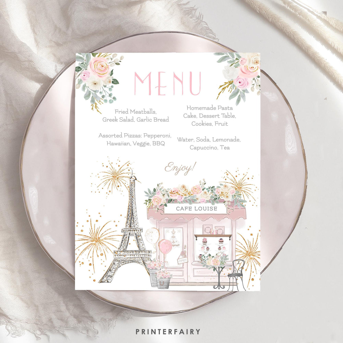 Paris Brunch Editable Menu Template Printable Patisserie Tea Party Decorations, Instant Download