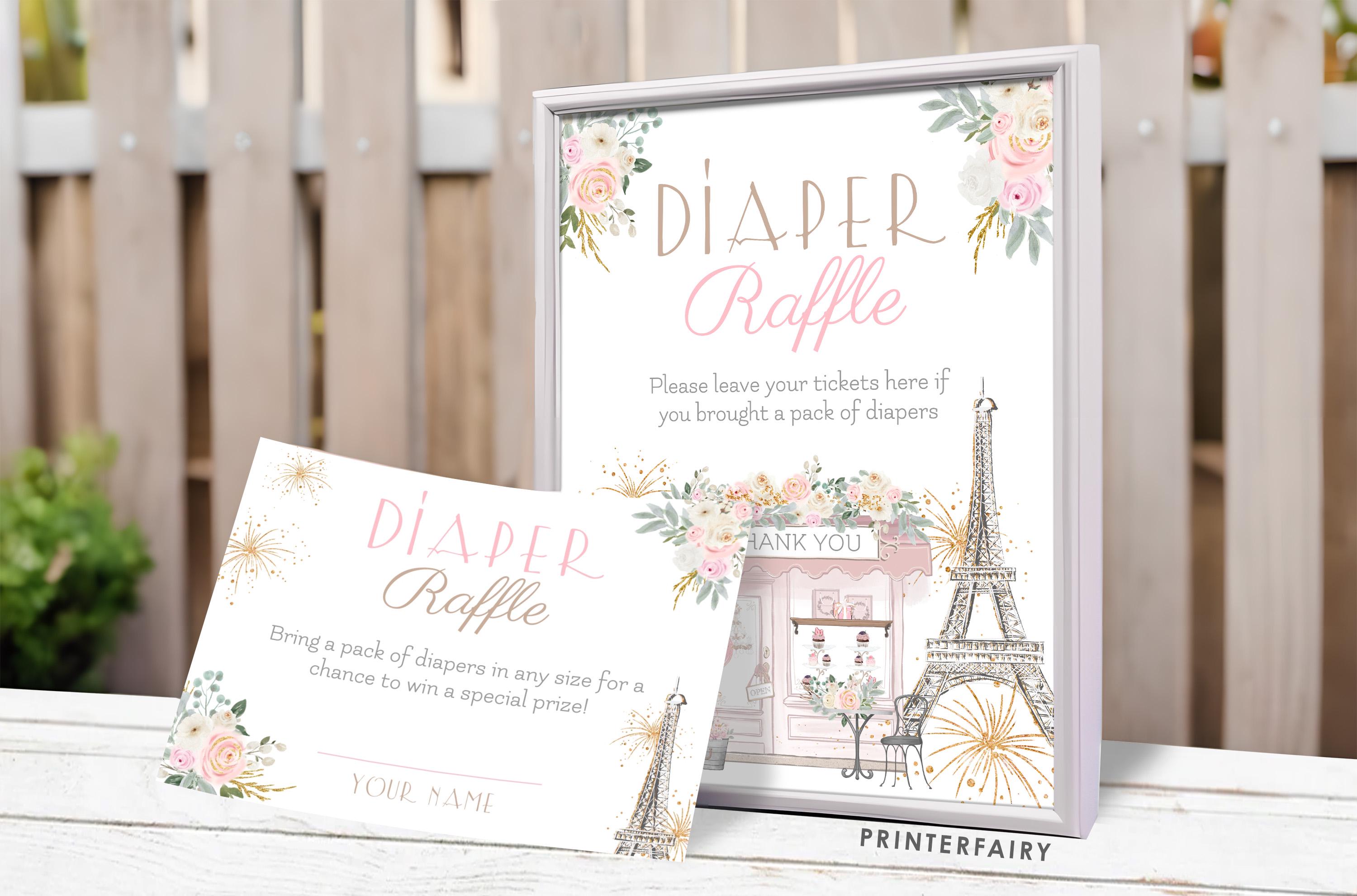 Paris Baby Shower Diaper Raffle Sign and Card Editable Templates, Instant Download