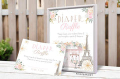 Paris Baby Shower Diaper Raffle Sign and Card Editable Templates, Instant Download