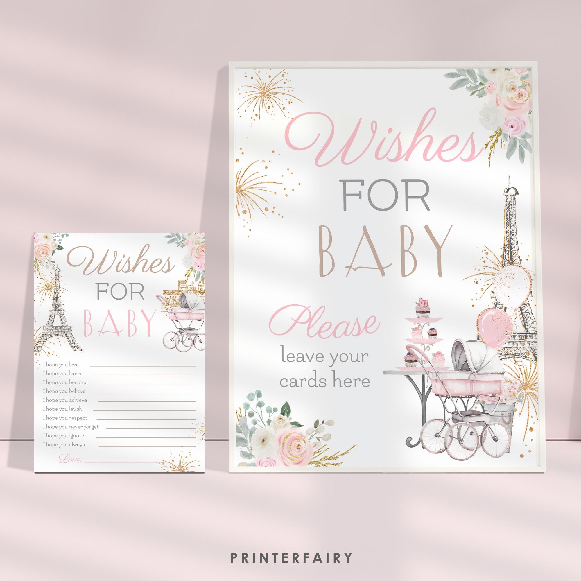 Paris Baby Shower Wishes for Baby Cards & Sign, Eiffel Tower Theme
