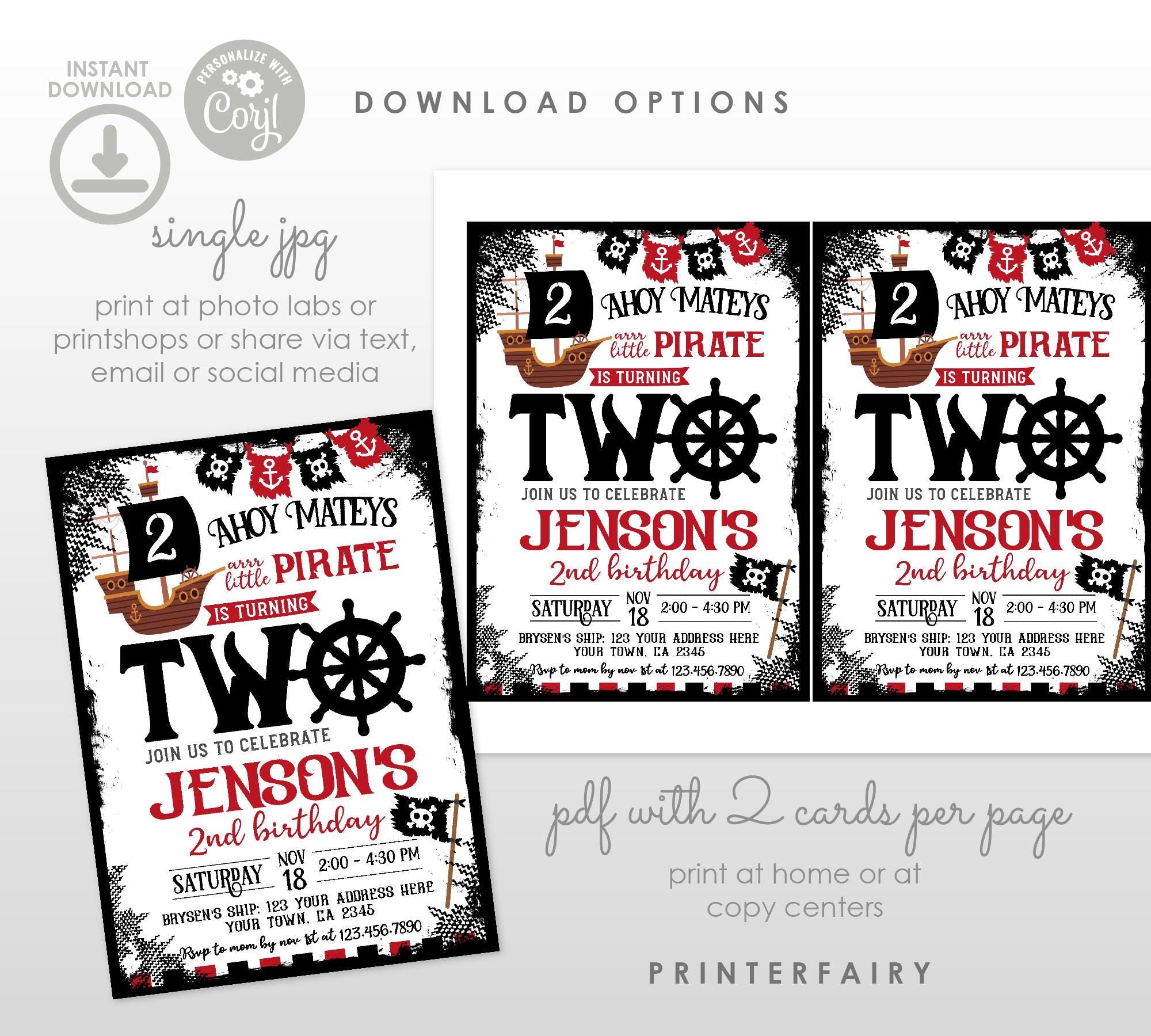 Pirate 2nd Birthday Invitation Editable Template Ahoy Matey Party Invite, Instant Download