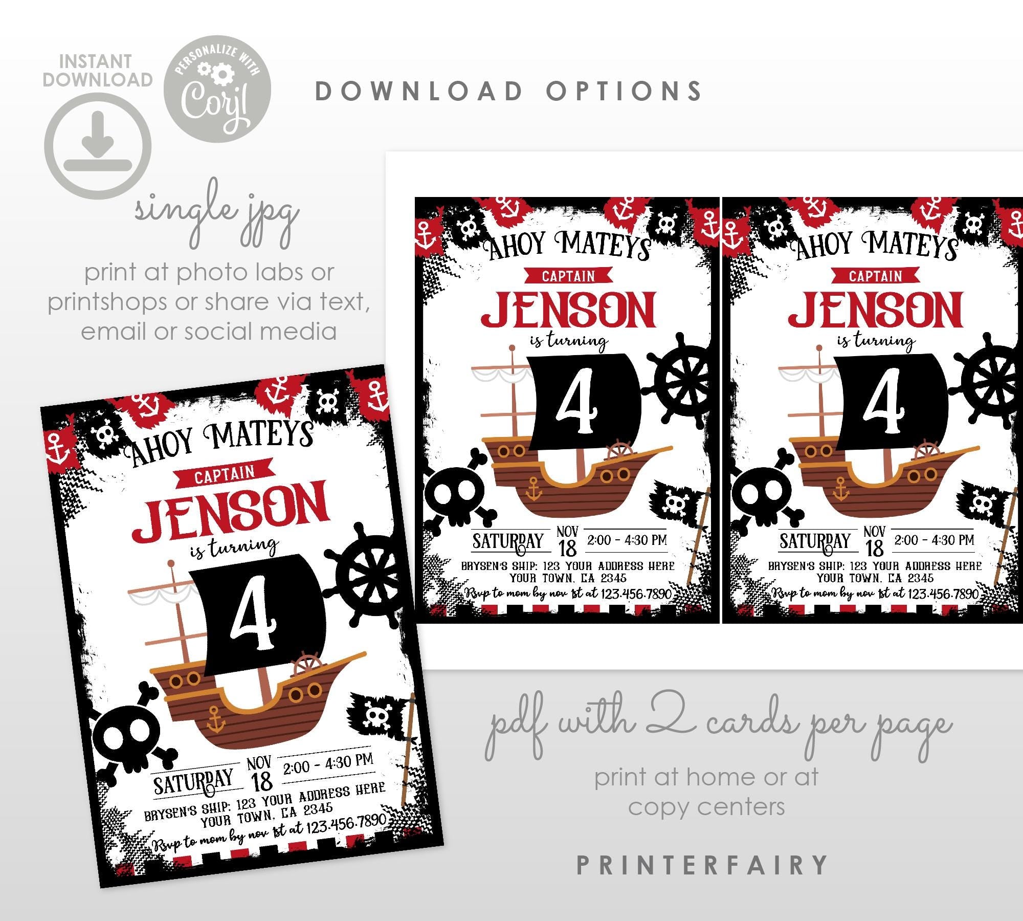 Pirate Birthday Invitation Editable Template, Instant Download
