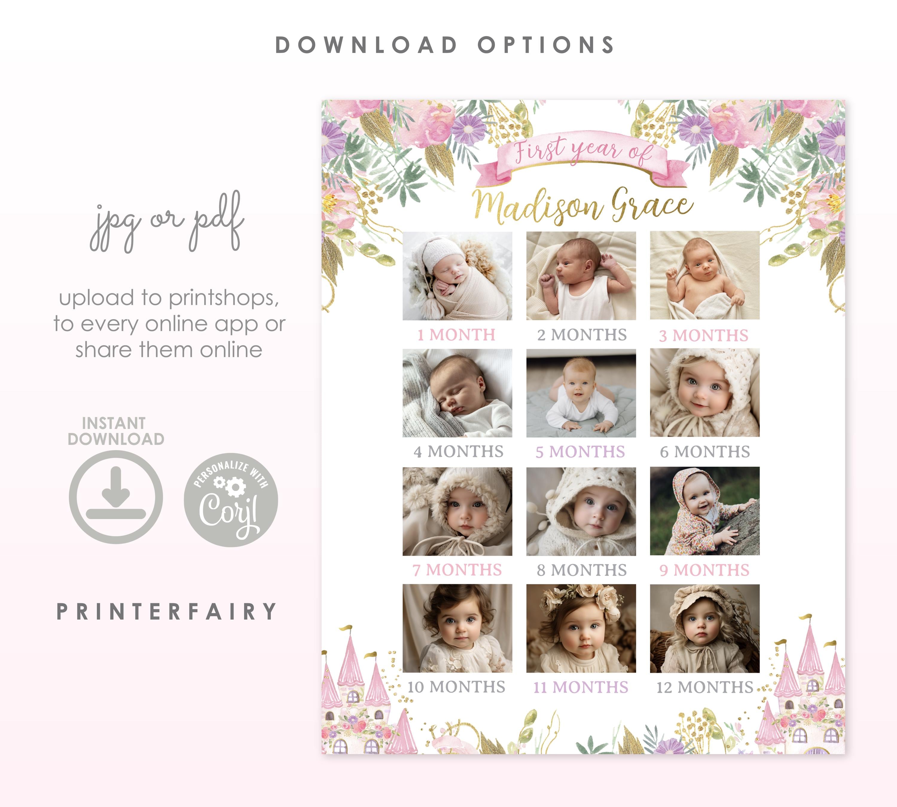Princess 1st Birthday Milestone Board, Photo Collage (Editable Digital Download)
