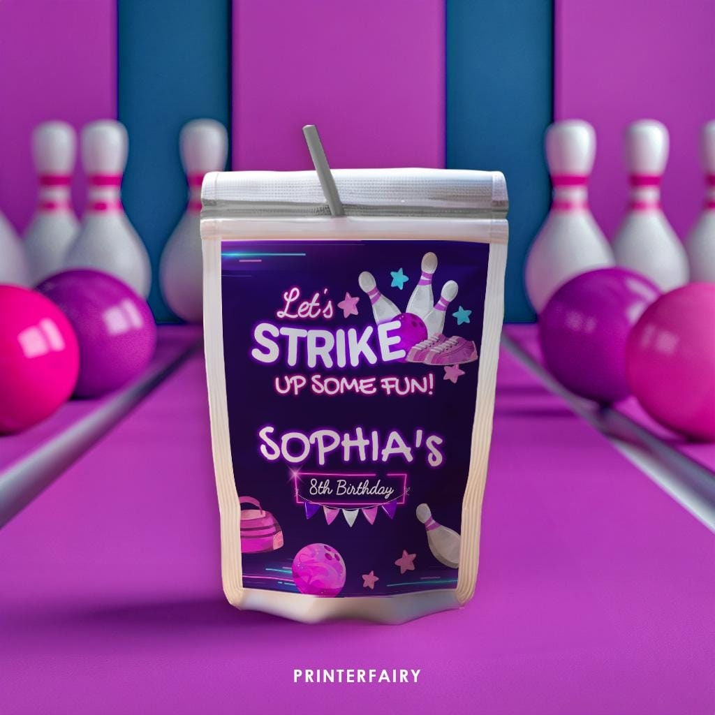 Bowling Birthday Party Drink Pouch Label, Editable (Digital Download)