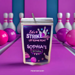 Bowling Birthday Party Drink Pouch Label, Editable (Digital Download)