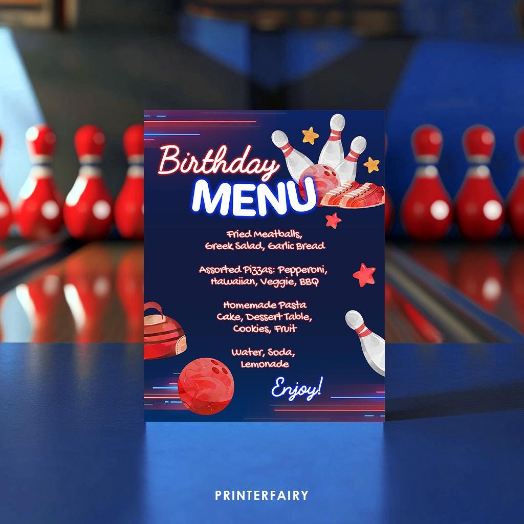 Bowling Birthday Party Menu, Editable Printable (Instant Download)