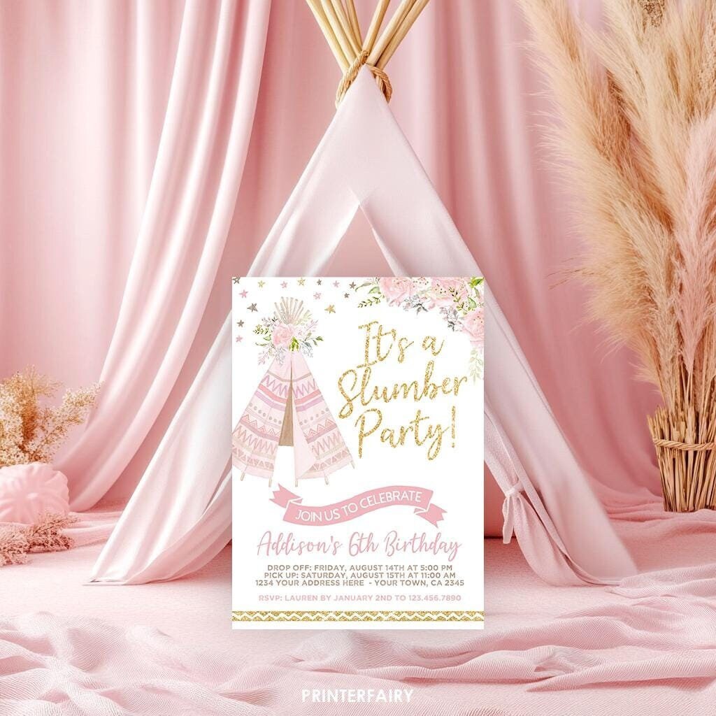 Editable Teepee Slumber Party Invitation, Boho Pajama Party (Digital Download)