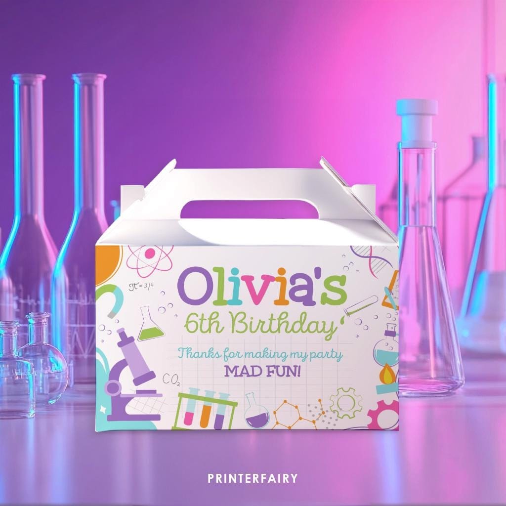 Editable Science Birthday Party Gable Box Label (Digital)
