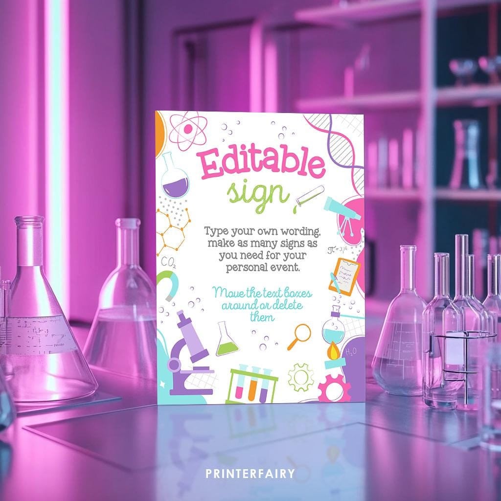 Science Party Sign, Editable Lab Printable Poster, Instant Download