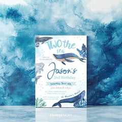 Whale 2nd Birthday Party Invitation, Under the Sea, Editable Template (Instant Download)