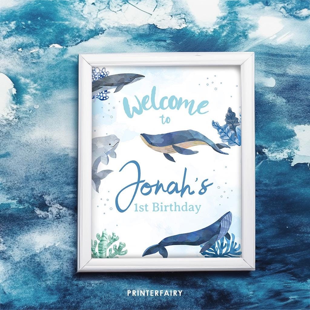 Whale Birthday Welcome Sign, Under the Sea Party (Editable Printable)