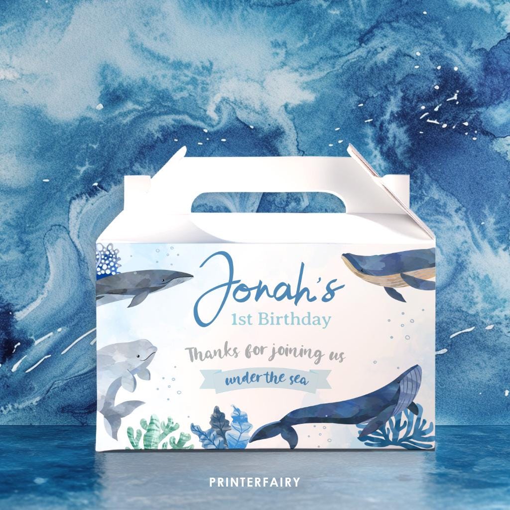 Whale Birthday Party Favor Box Label, Under The Sea Printable (Editable)