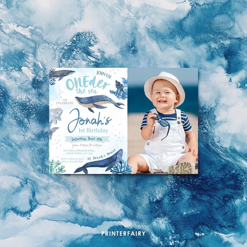 Whales 1st Birthday Invitation with Photo, Under the Sea Party (Editable Printable)