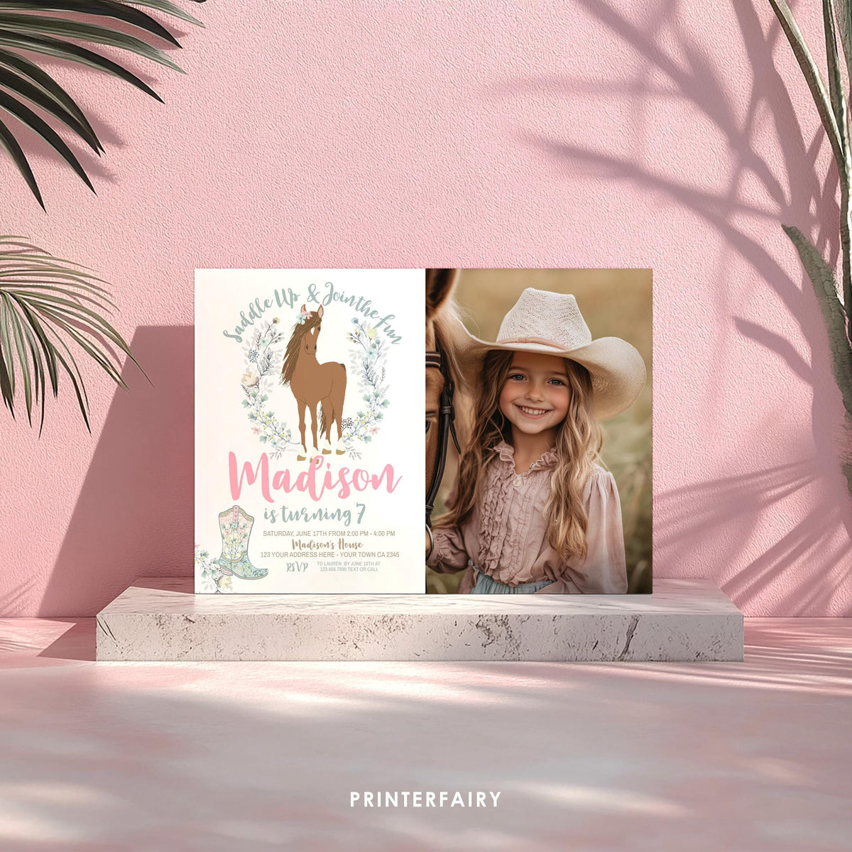 Floral Horse Birthday Invitation with Photo (Instant Download)