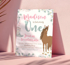 Floral Horse 1st Birthday Invitation, Western Party (Editable Template)