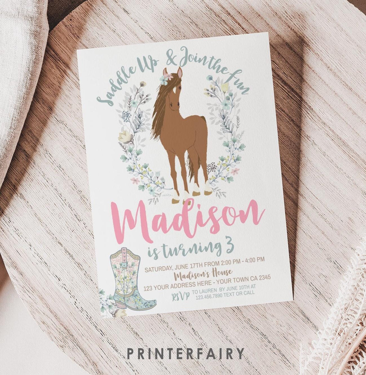 Floral Horse Birthday Invitation, Cowgirl Pony Party (INSTANT DOWNLOAD)
