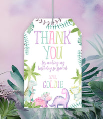 Editable Dinosaur Thank You Tags, Girl Birthday Party (Instant Download)