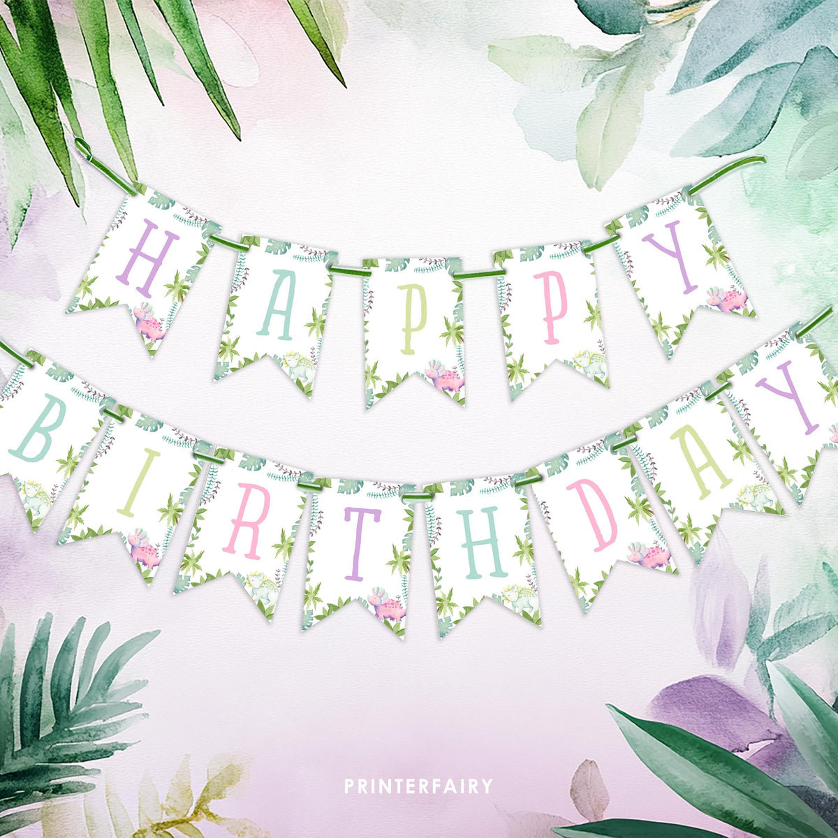 Dinosaur Girl Birthday Banner, Editable Party Decor (Instant Download)