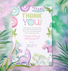 Donuts and Dinos Thank You Card, Girl Birthday (EDITABLE, Instant Download)