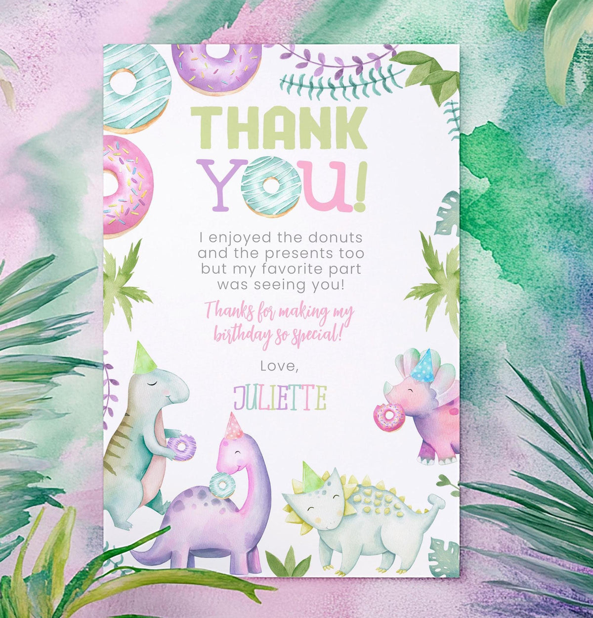 Dinosaur Girl Birthday Thank You Cards, Editable (Instant Download)