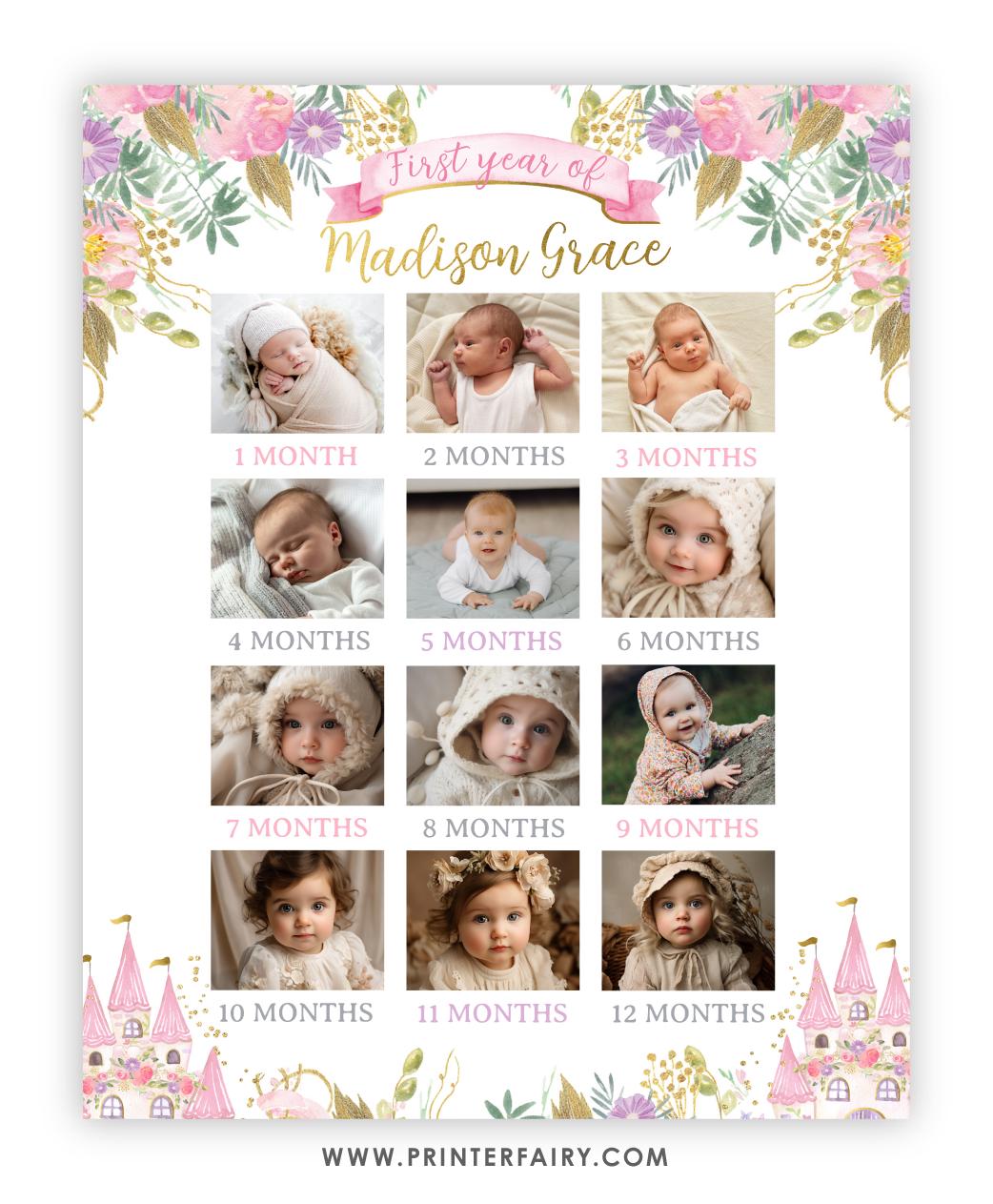 Princess 1st Birthday Milestone Board, Photo Collage (Editable Digital Download)