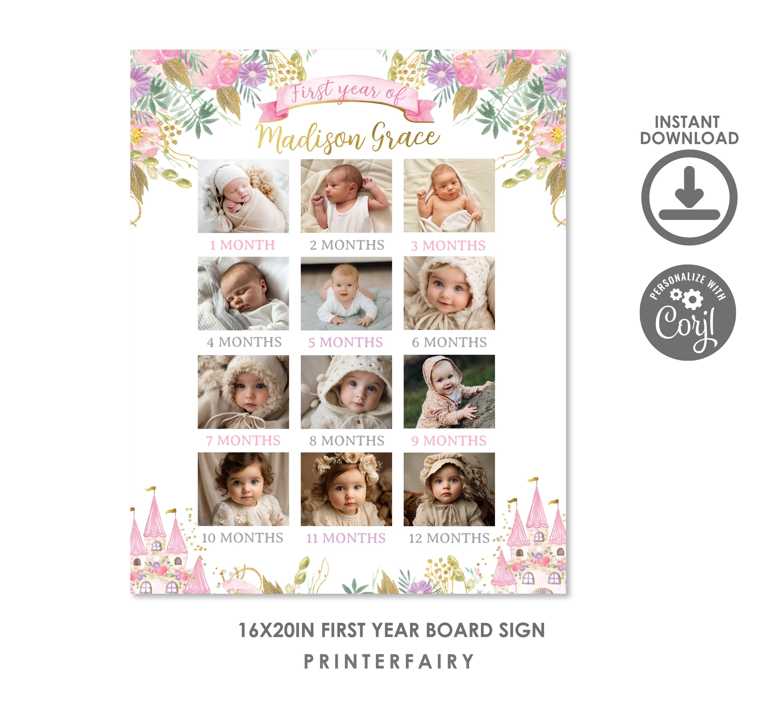 Princess 1st Birthday Milestone Board, Photo Collage (Editable Digital Download)