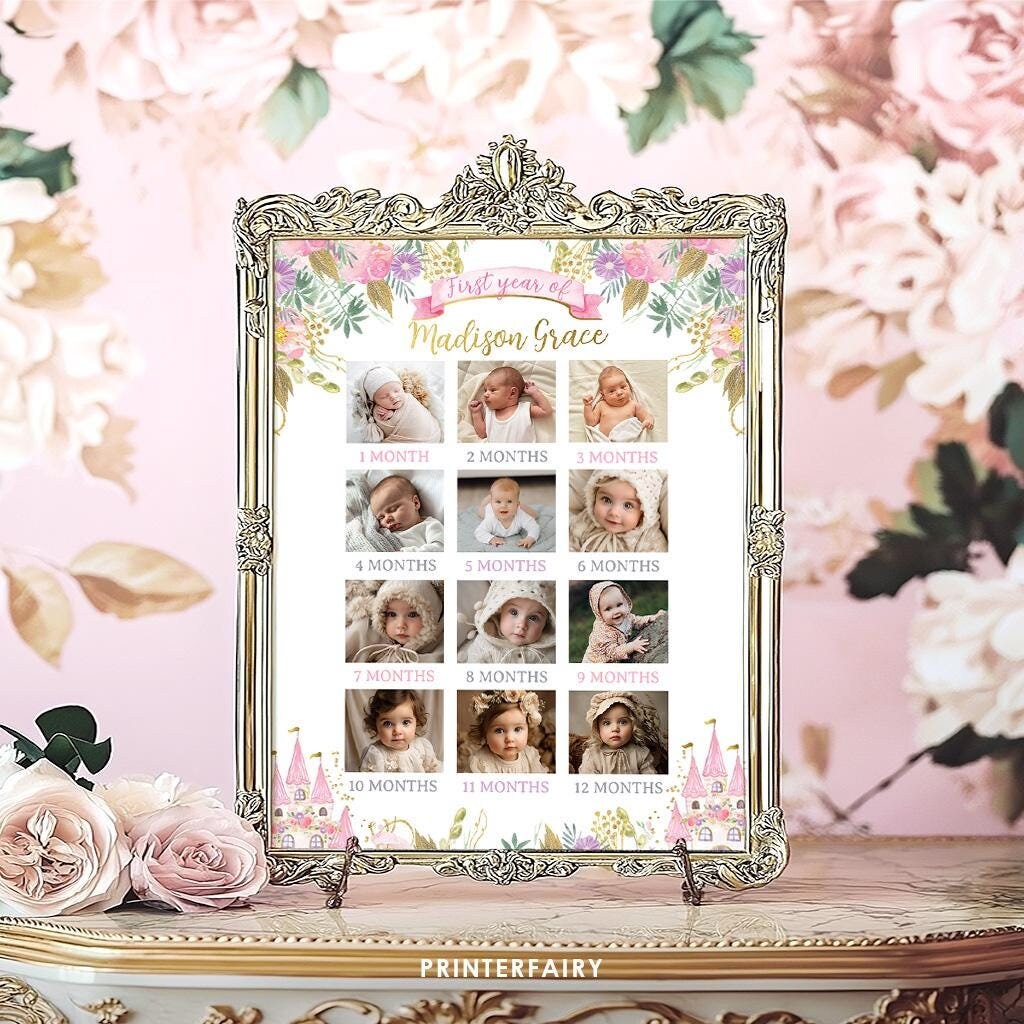 Princess 1st Birthday Milestone Board, Photo Collage (Editable Digital Download)