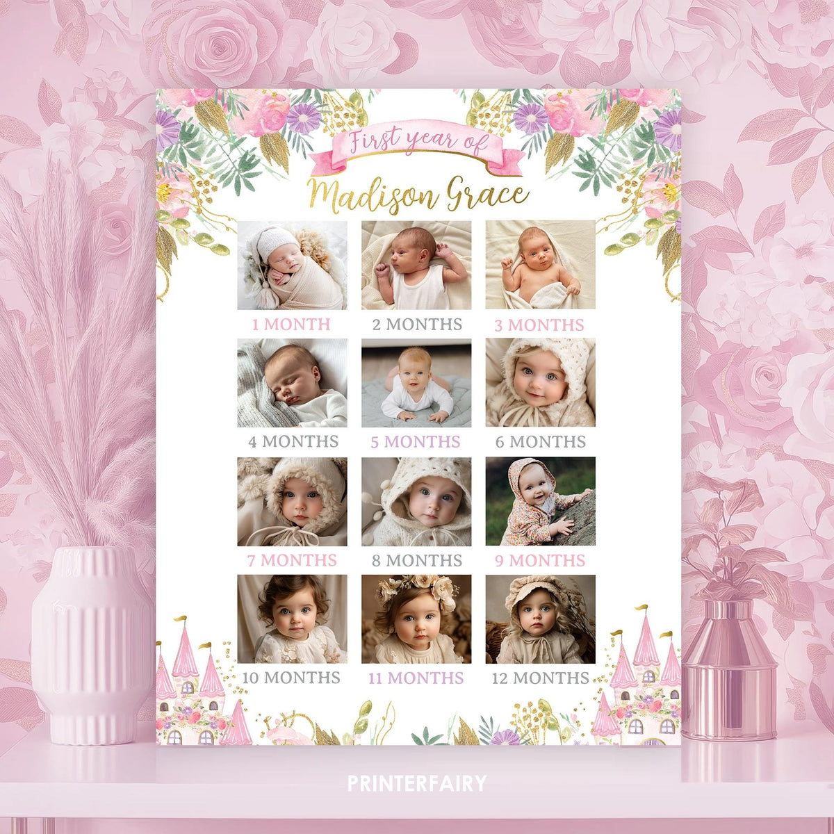 Princess 1st Birthday Milestone Board, Photo Collage (Editable Digital Download)
