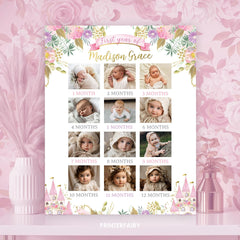 Princess 1st Birthday Milestone Board, Photo Collage (Editable Digital Download)