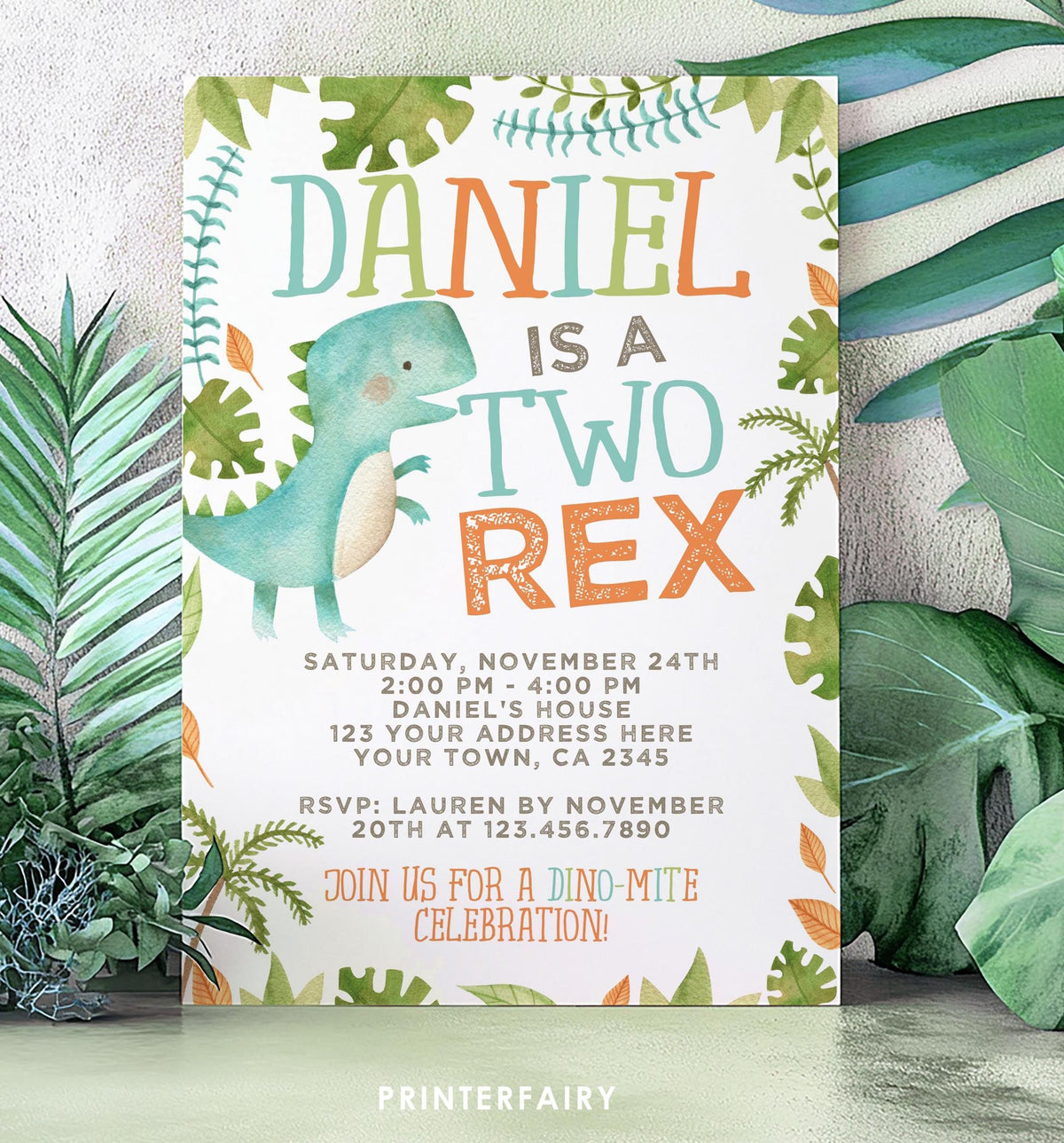 Two Rex Dinosaur Birthday Invitation, Editable Digital Invite (Digital Download)