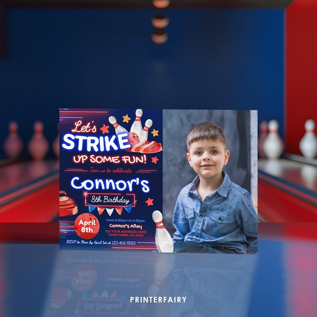 Bowling Birthday Photo Invitation, Editable Template (Digital Download)