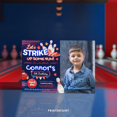 Bowling Birthday Photo Invitation, Editable Template (Digital Download)