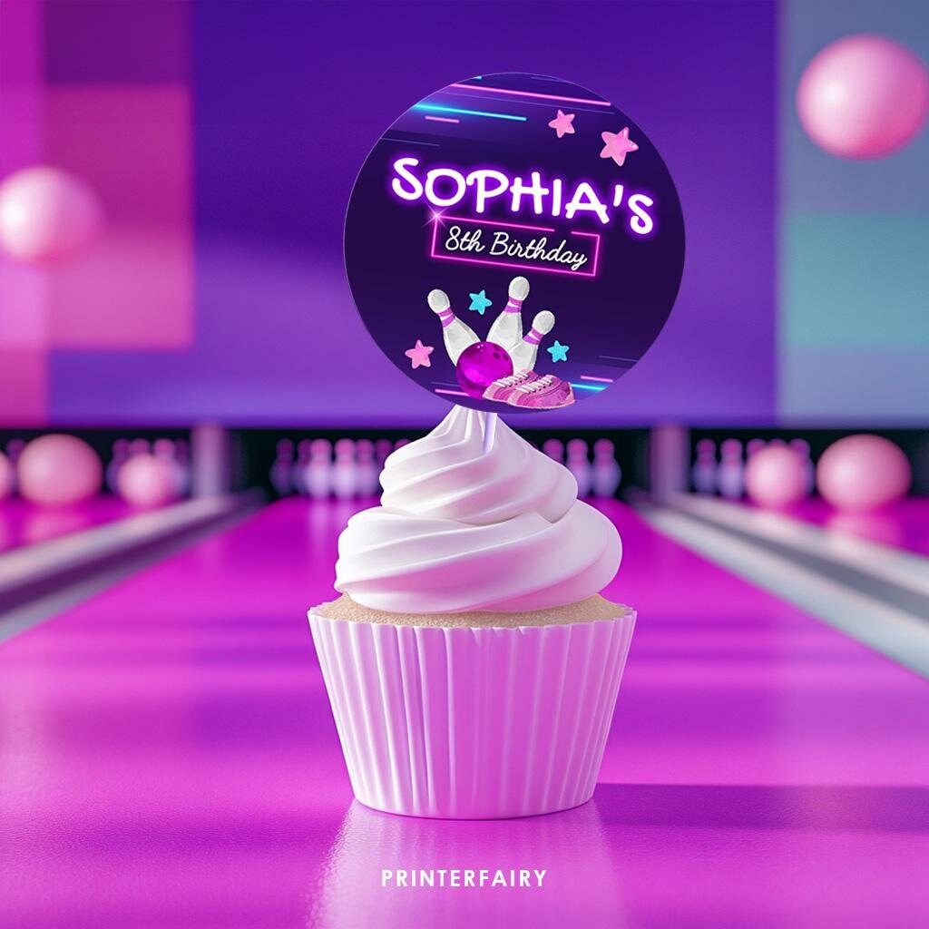 Bowling Birthday Party Toppers, Editable Round Labels (Digital Download)