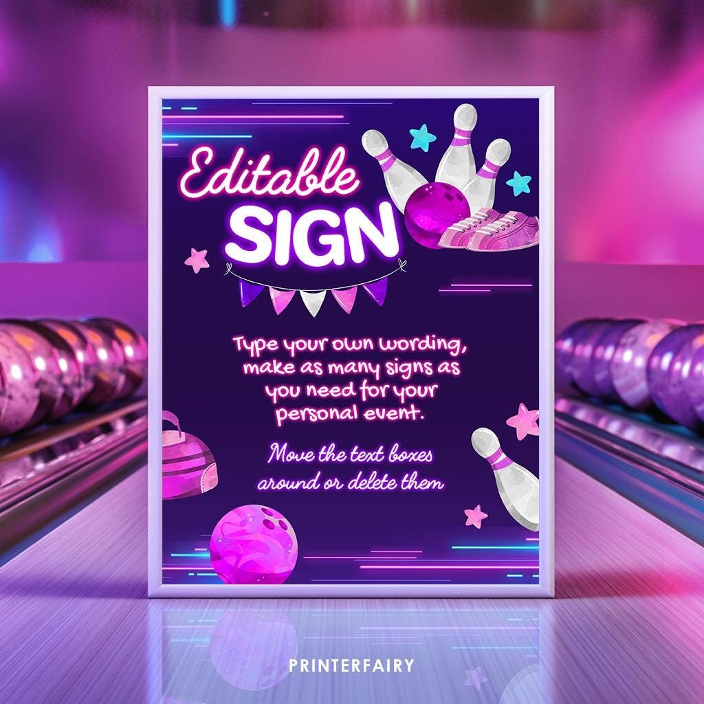 Bowling Birthday Party Sign, Editable Printable (Instant Download)
