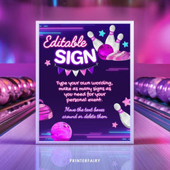 Bowling Birthday Party Sign, Editable Printable (Instant Download)
