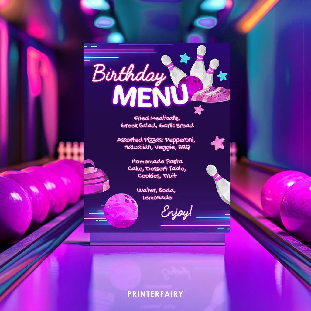 Bowling Birthday Party Menu, Editable Printable Sign (Instant Download)